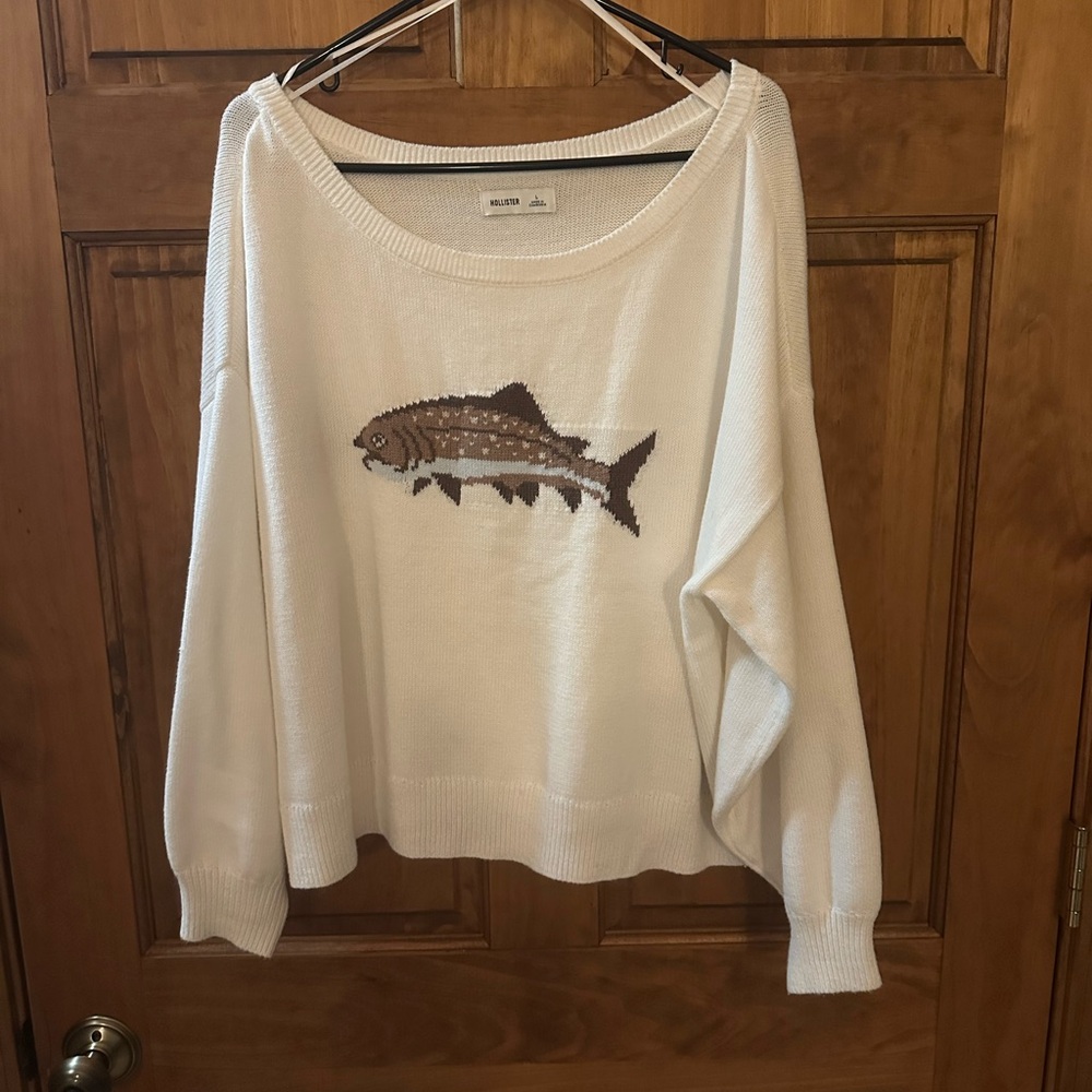 Hollister Cream Crewneck trout Sweater Fish Motif Size large - Picture 2 of 6